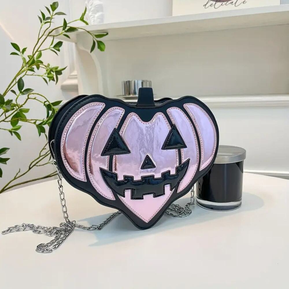 Pink Pumpkin Crossbody Bag – Halloween Jack-o'-Lantern Purse with Chain Strap